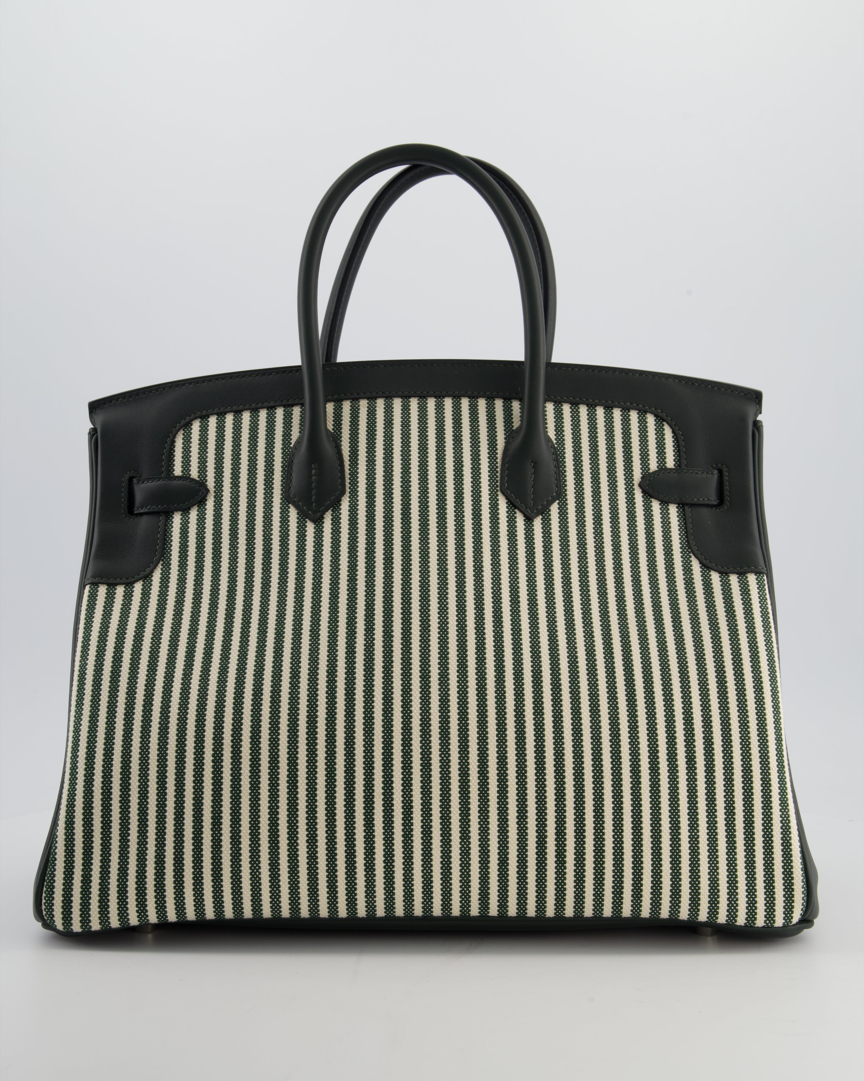 Hermès Birkin 35 Retourne Bag in Ecru & Vert Anglais Toile Riga & Swift Leather with Palladium Hardware