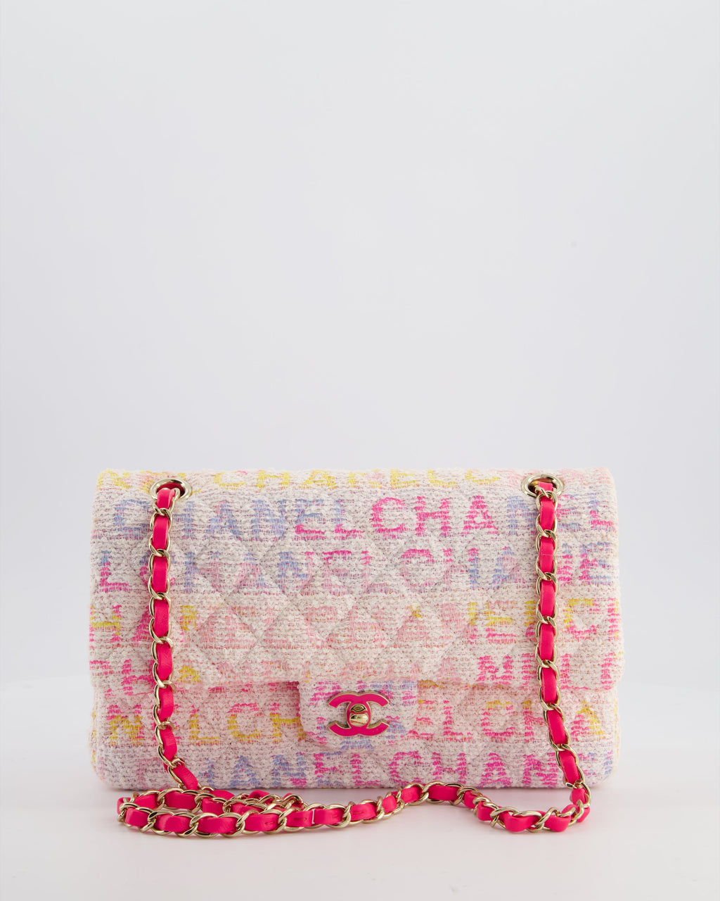 Chanel 2024 White & Pastel Multicolour Tweed Medium Classic Double Flap Bag with Pink, Gold Hardware