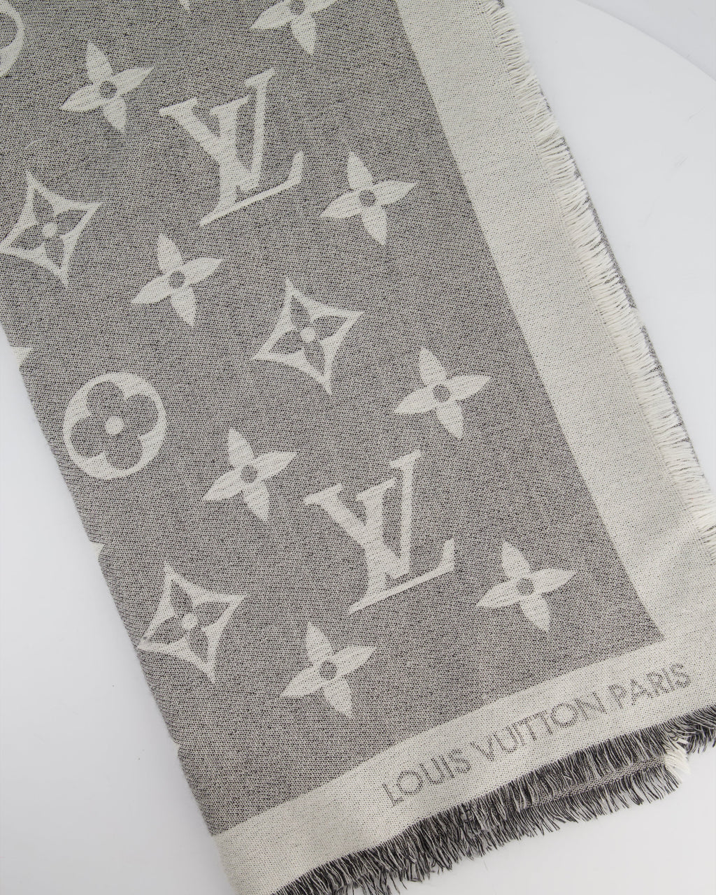 Louis Vuitton Grey Monogram Scarf with Fringe Detail Size 140cm x 140cm