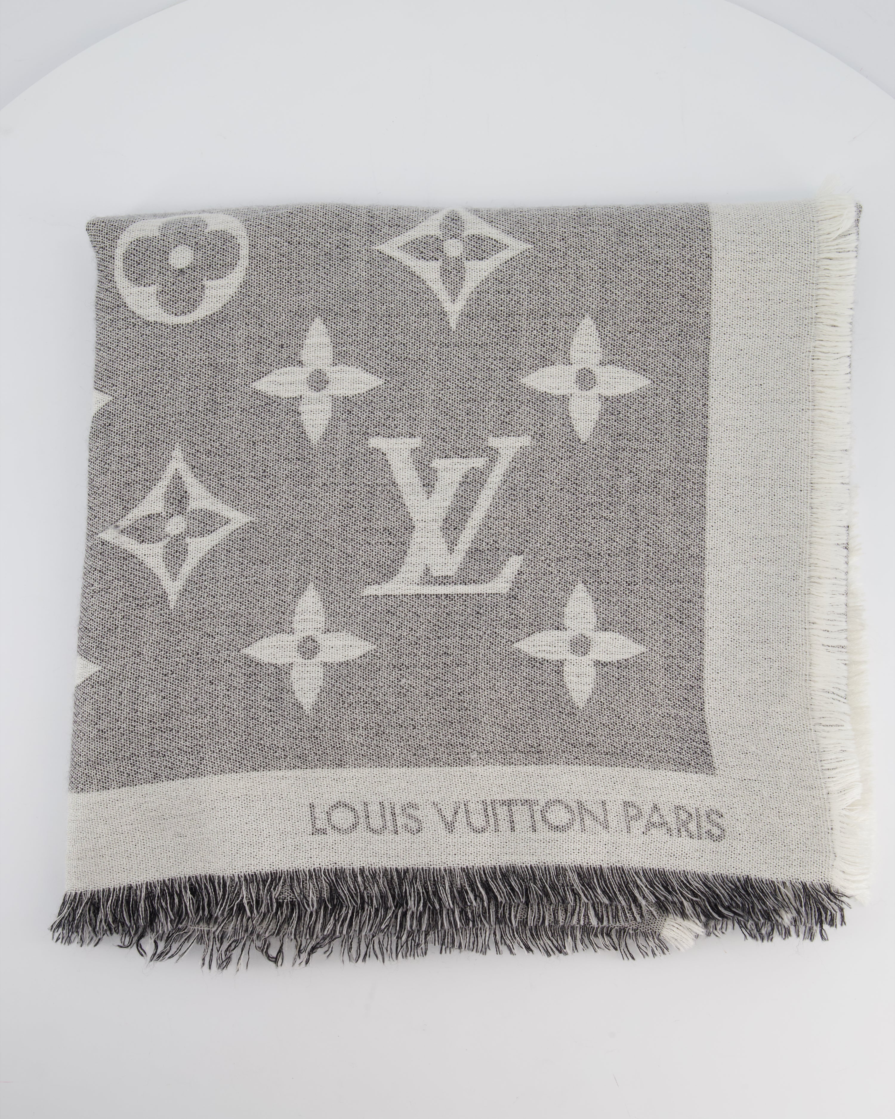 Louis Vuitton Grey Monogram Scarf with Fringe Detail Size 140cm x 140cm