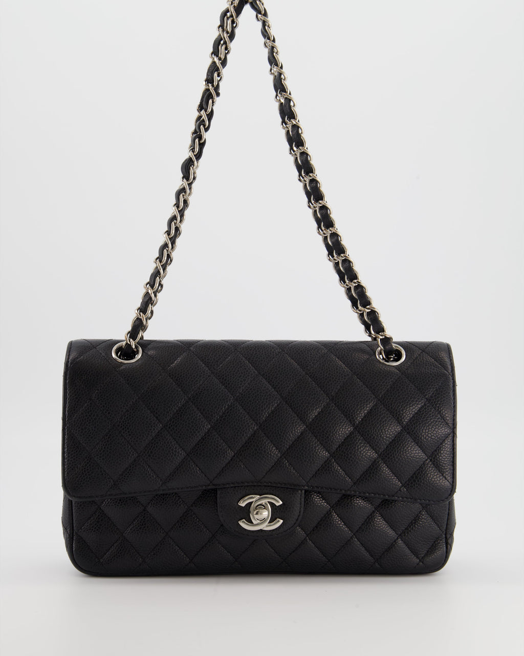 Chanel Black Medium Classic Double Flap Bag in Caviar Leather with Silver Hardware