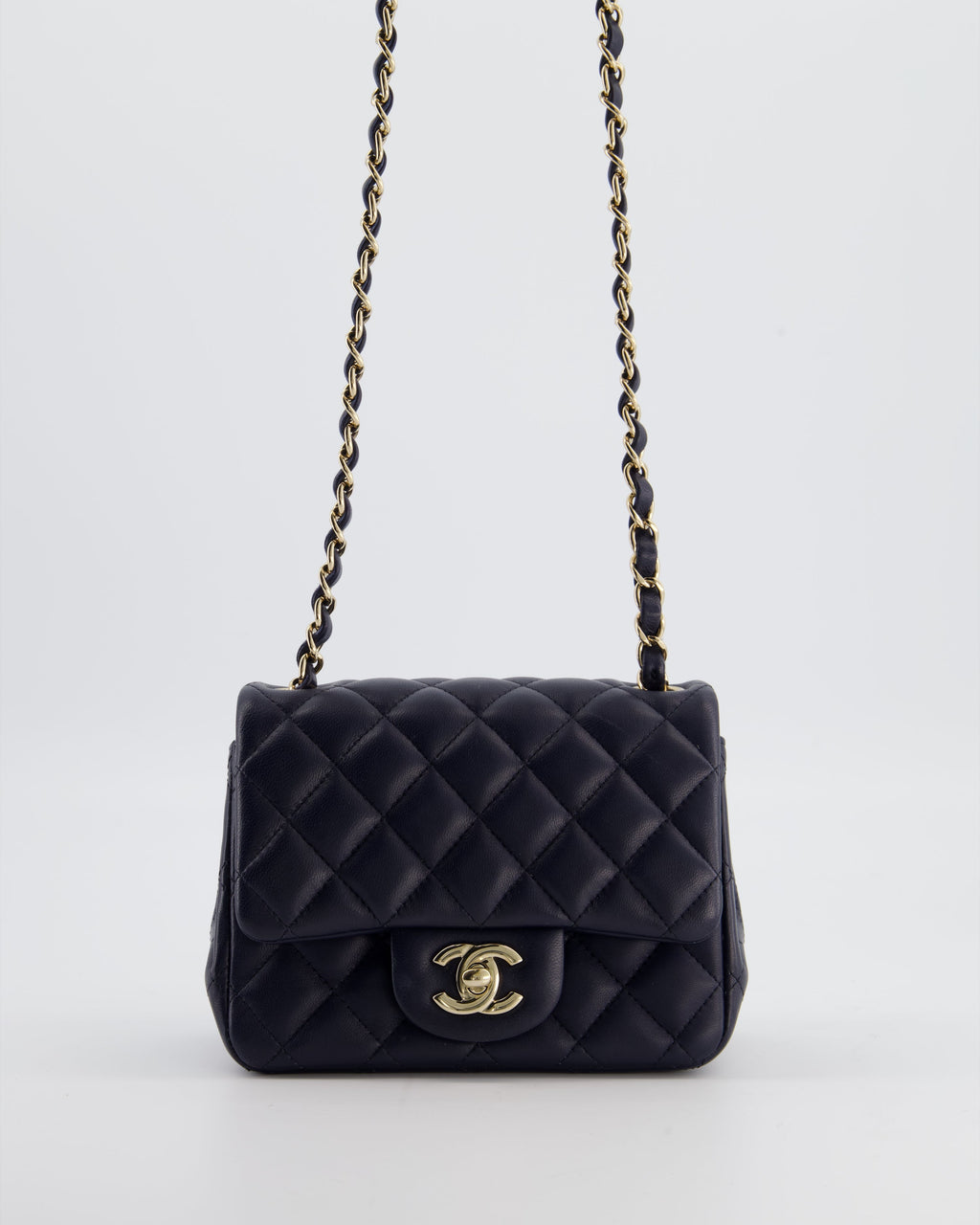 Chanel Navy Mini Square Classic Flap Bag in Lambskin Leather with Champagne Gold Hardware