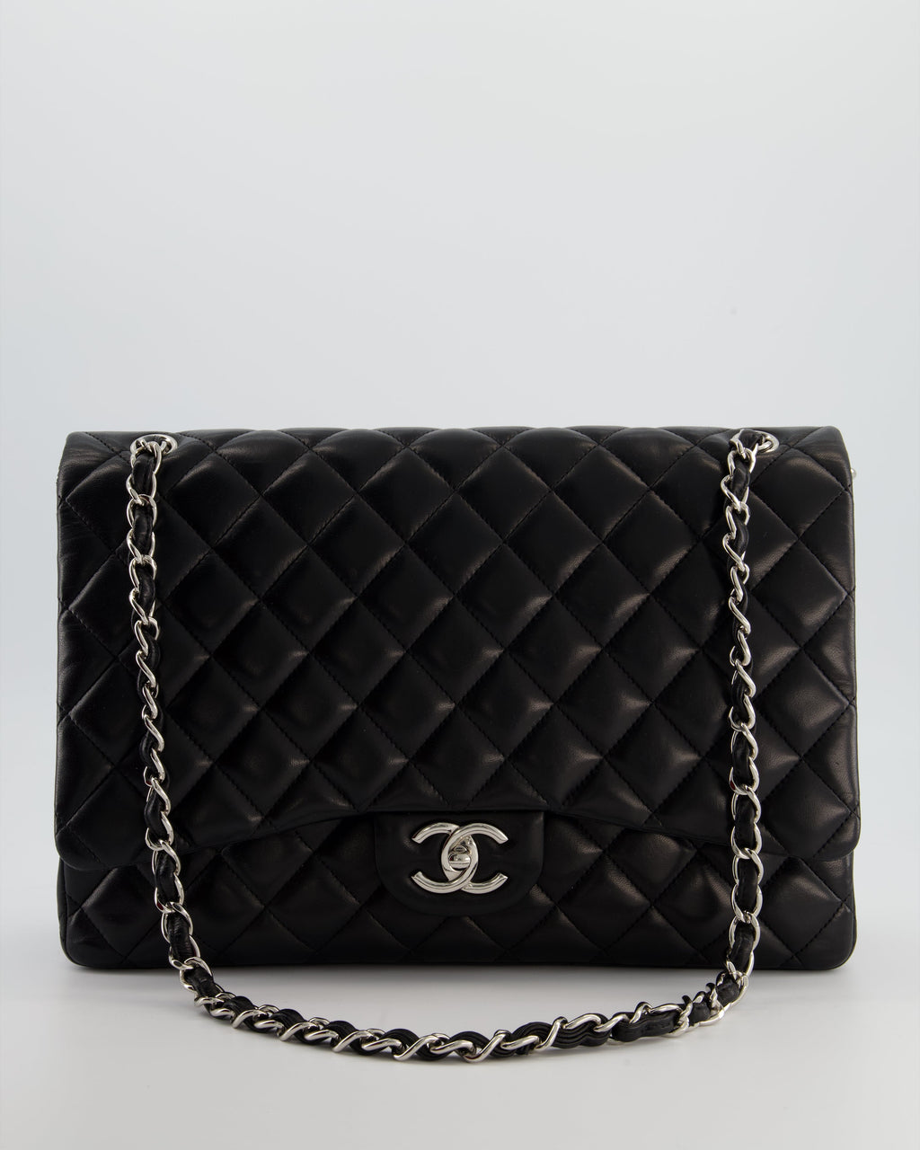 *FIRE PRICE* Chanel Black Maxi Classic Double Flap Bag in Lambskin Leather with Silver Hardware