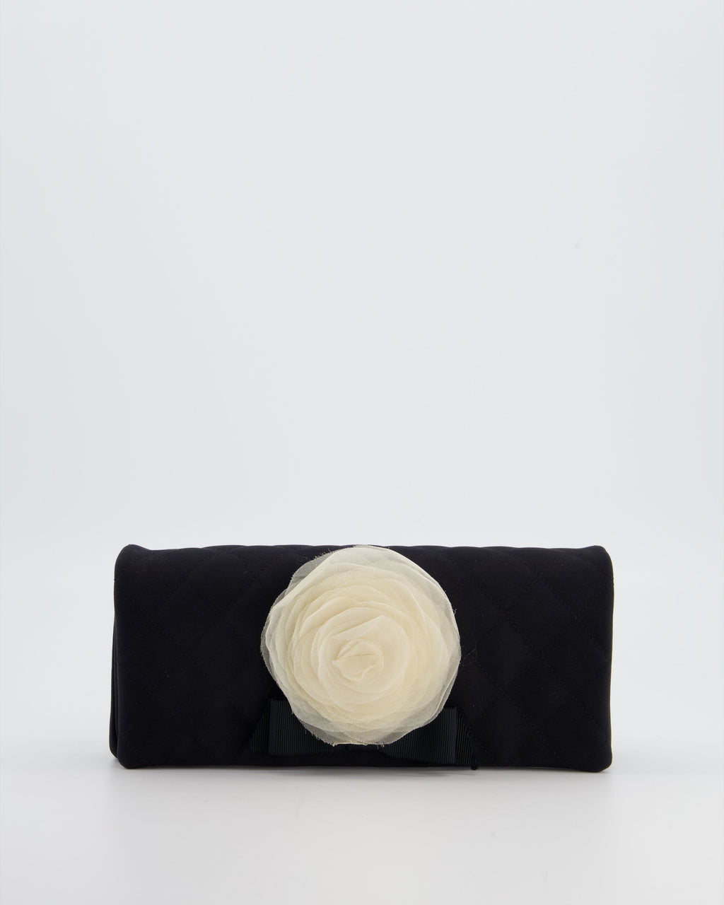Chanel Black Vintage Jersey Clutch Bag on Chain with Camellia and Bow Detail with Champagne Gold Hardware