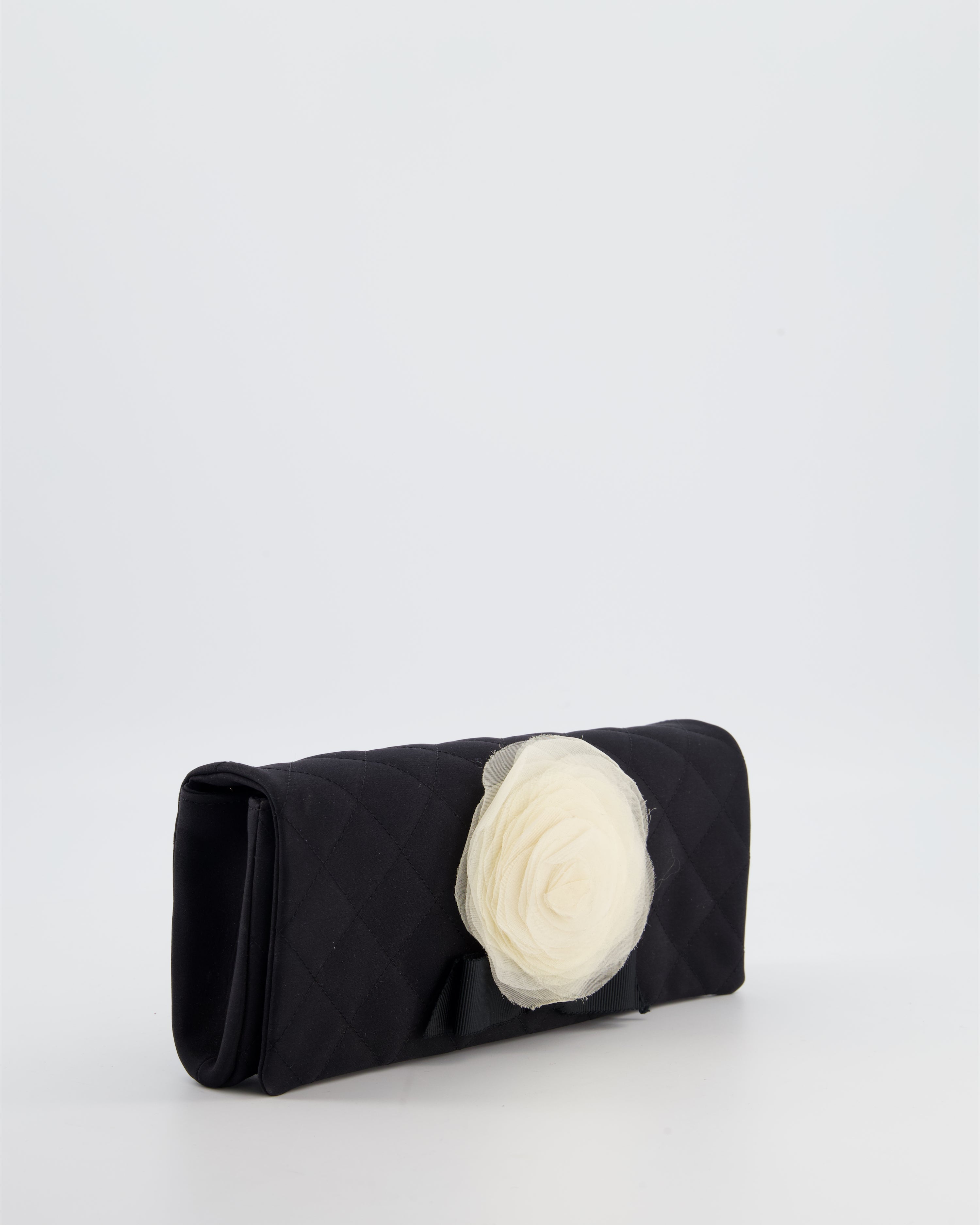 Chanel Black Vintage Jersey Clutch Bag on Chain with Camellia and Bow Detail with Champagne Gold Hardware