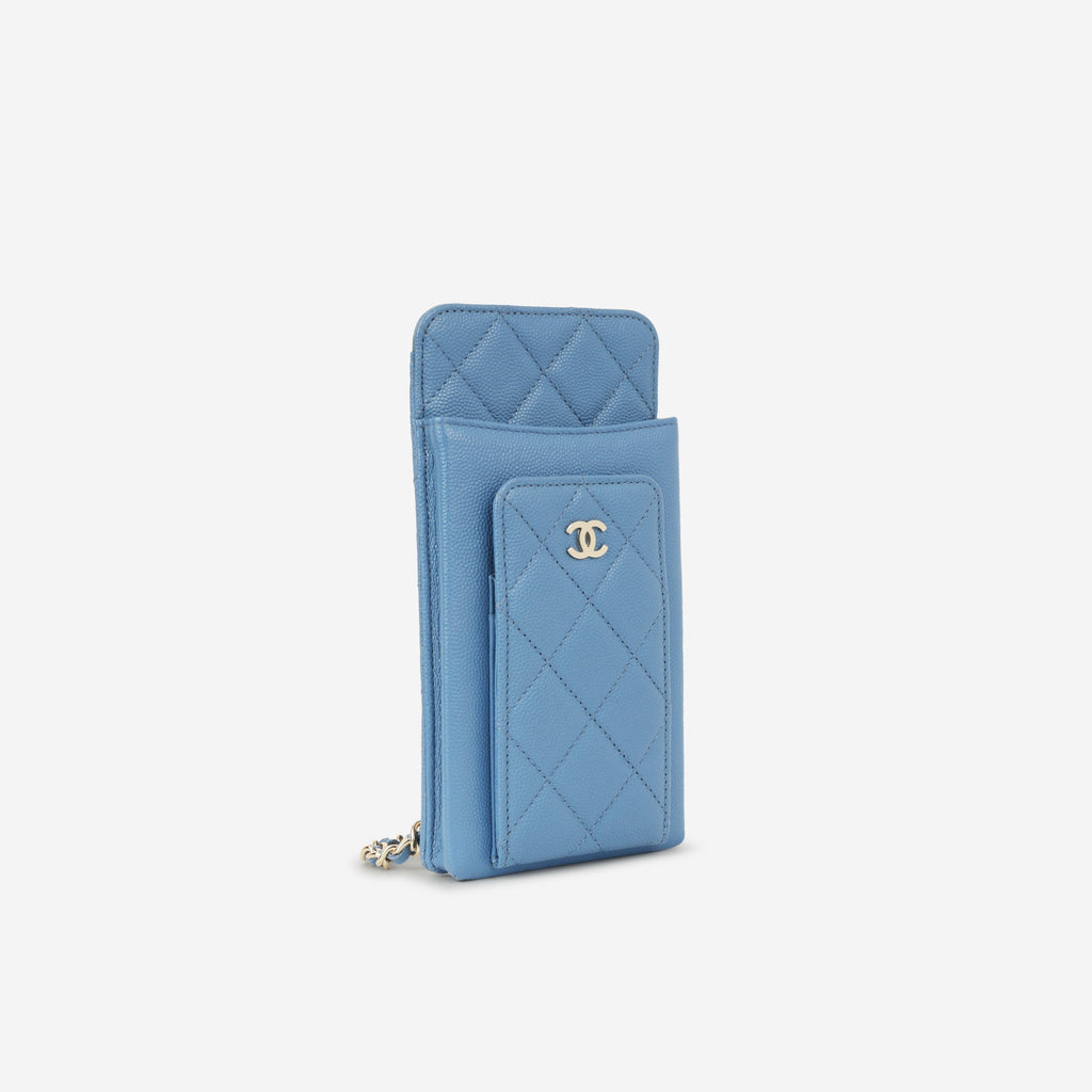 Chanel CC Phone Holder -  Blue Caviar | Champagne Gold Hardware