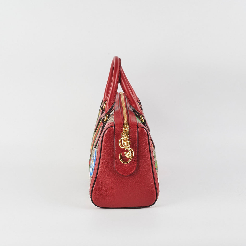 Gucci Red/Beige GG Supreme Flora Medium Ophidia Boston Bag