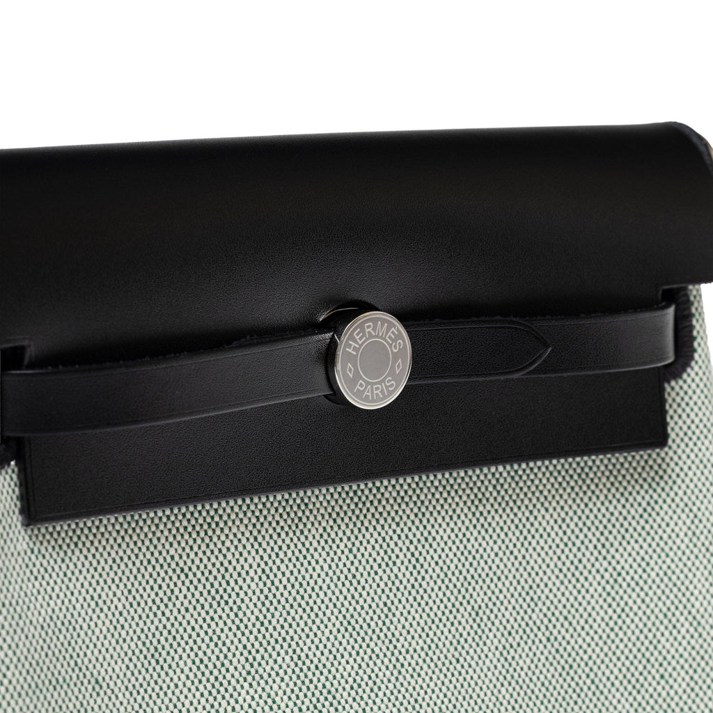 Hermès Mini Herbag Zip 20 Black Ecru/Vert Moyen Toile Palladium Hardware