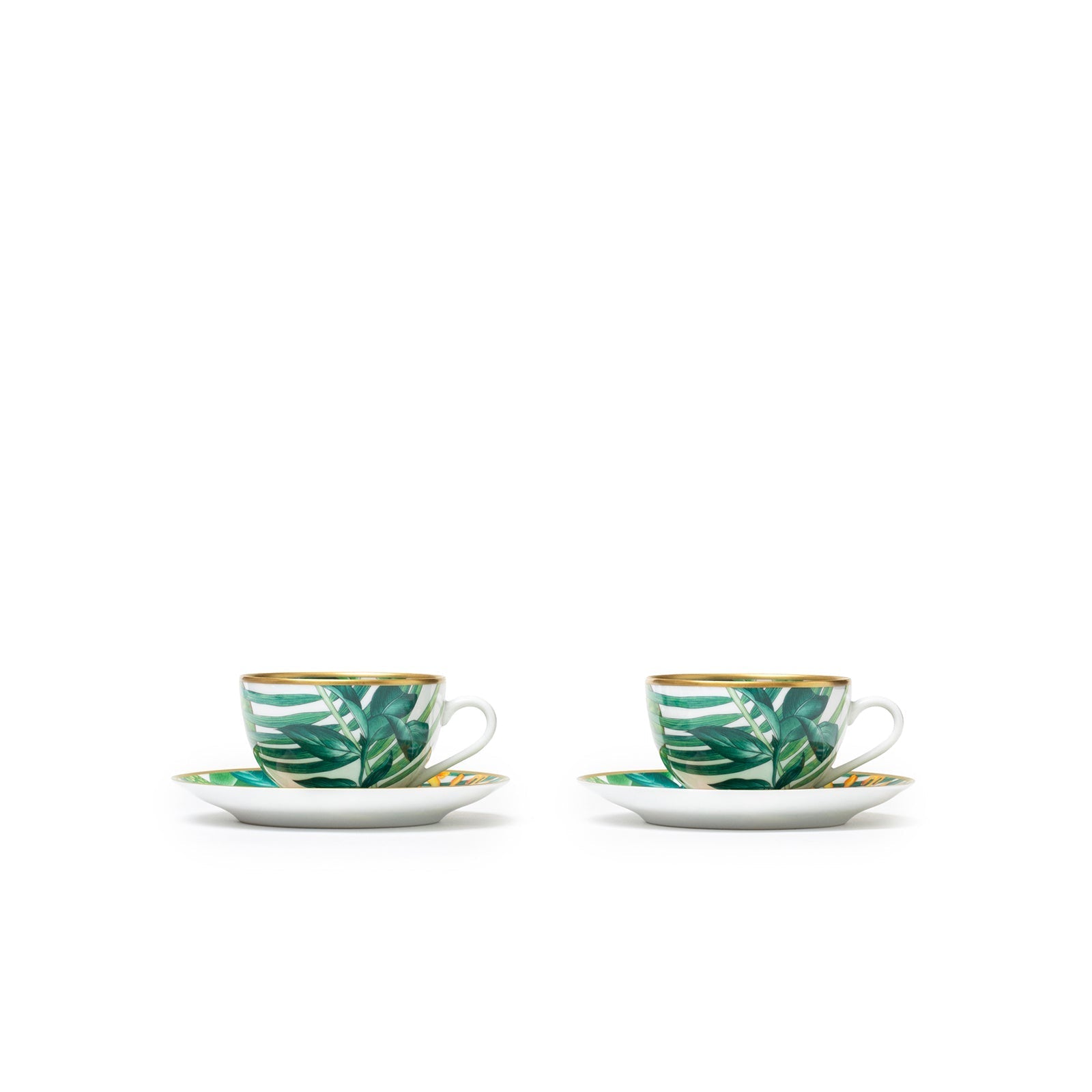 Hermès Passifolia Porcelain Tea Cup and Saucer Green & White 24K Gold & Porcelain Set of 2