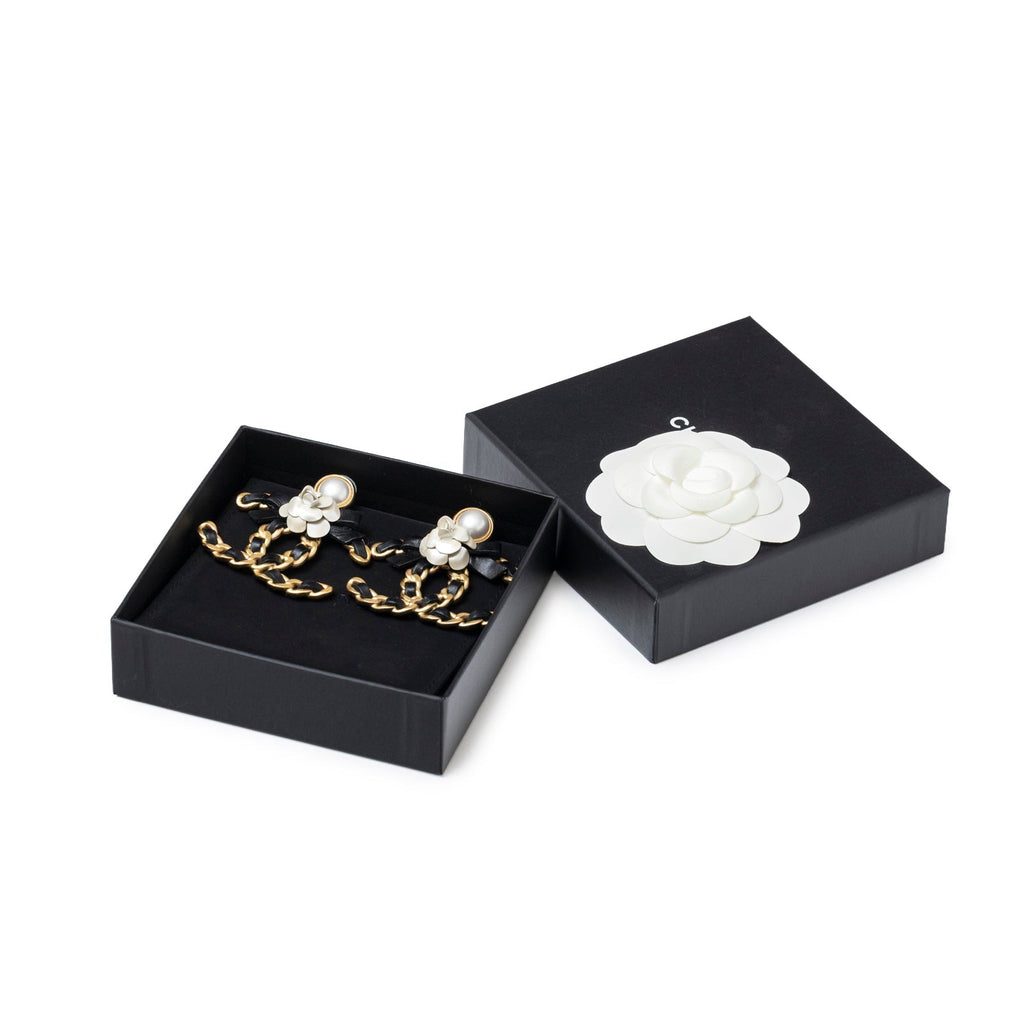 Chanel Black Bow With Camellia CC Earrings Gold Hardware