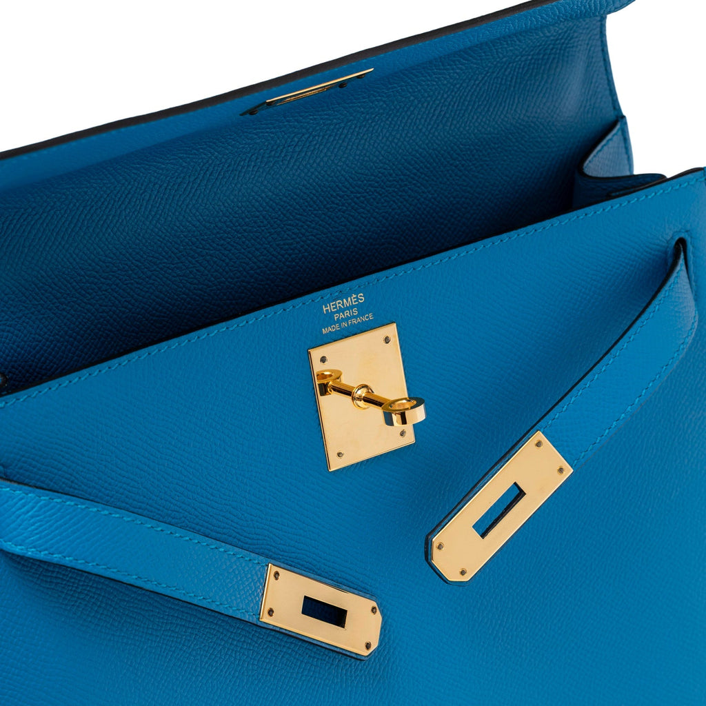 Hermès Kelly Sellier 28 Blue Zanzibar Epsom Gold Hardware