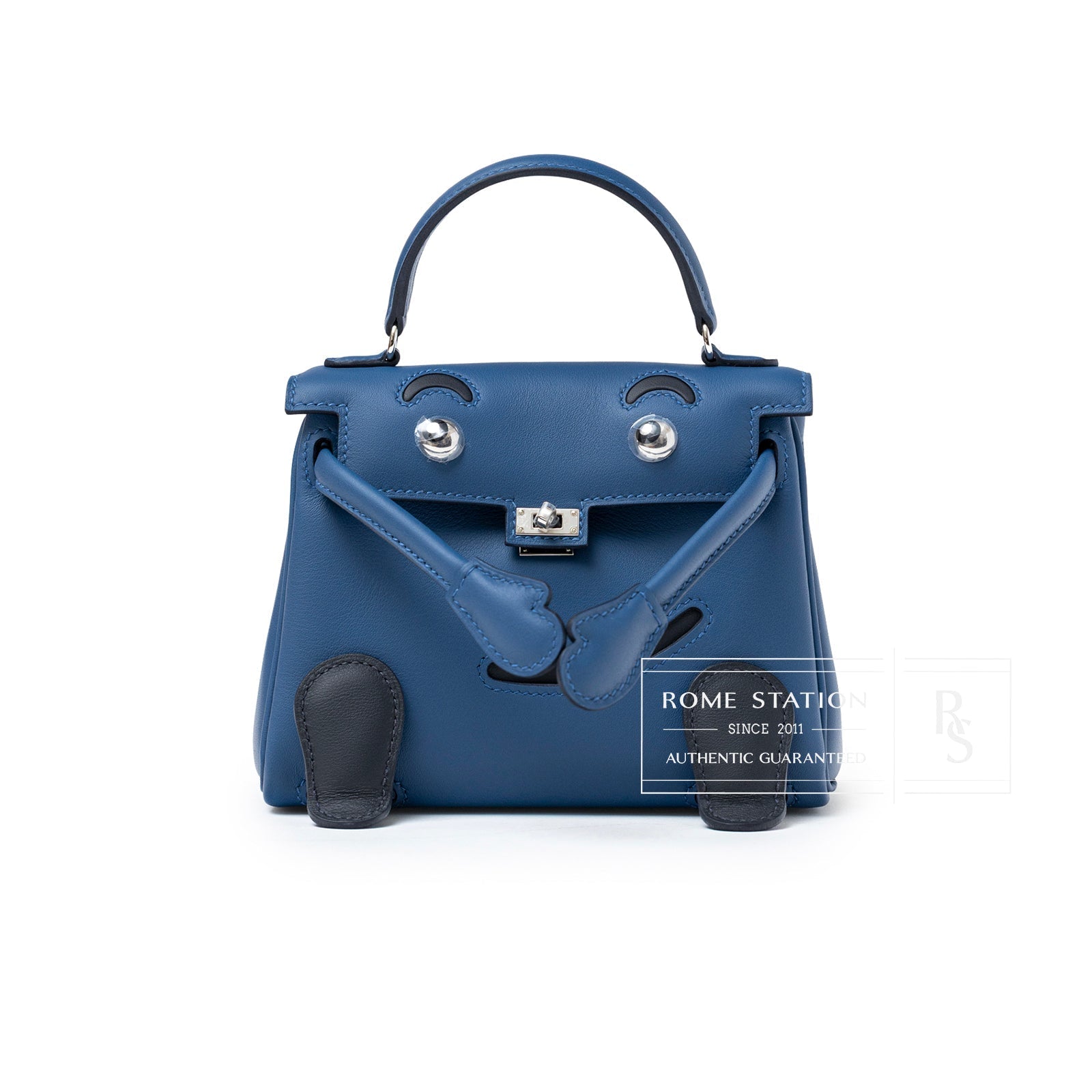 Hermès Quelle Idolle Kelly Doll Blue Tie and Caban Swift Palladium Hardware