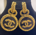 Chanel 93A Large Gold Metal Black Onyx Button Medallion Florentine Drop Dangle Clip-On Earrings