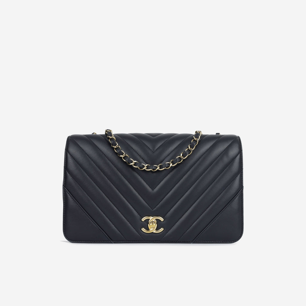 Chanel Large Classic Chevron Flap - Navy