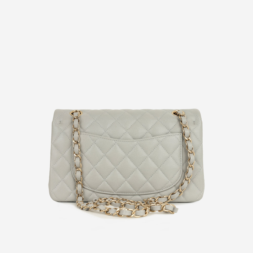 Chanel Small Double Classic Flap - Grey Caviar | Champagne Gold Hardware