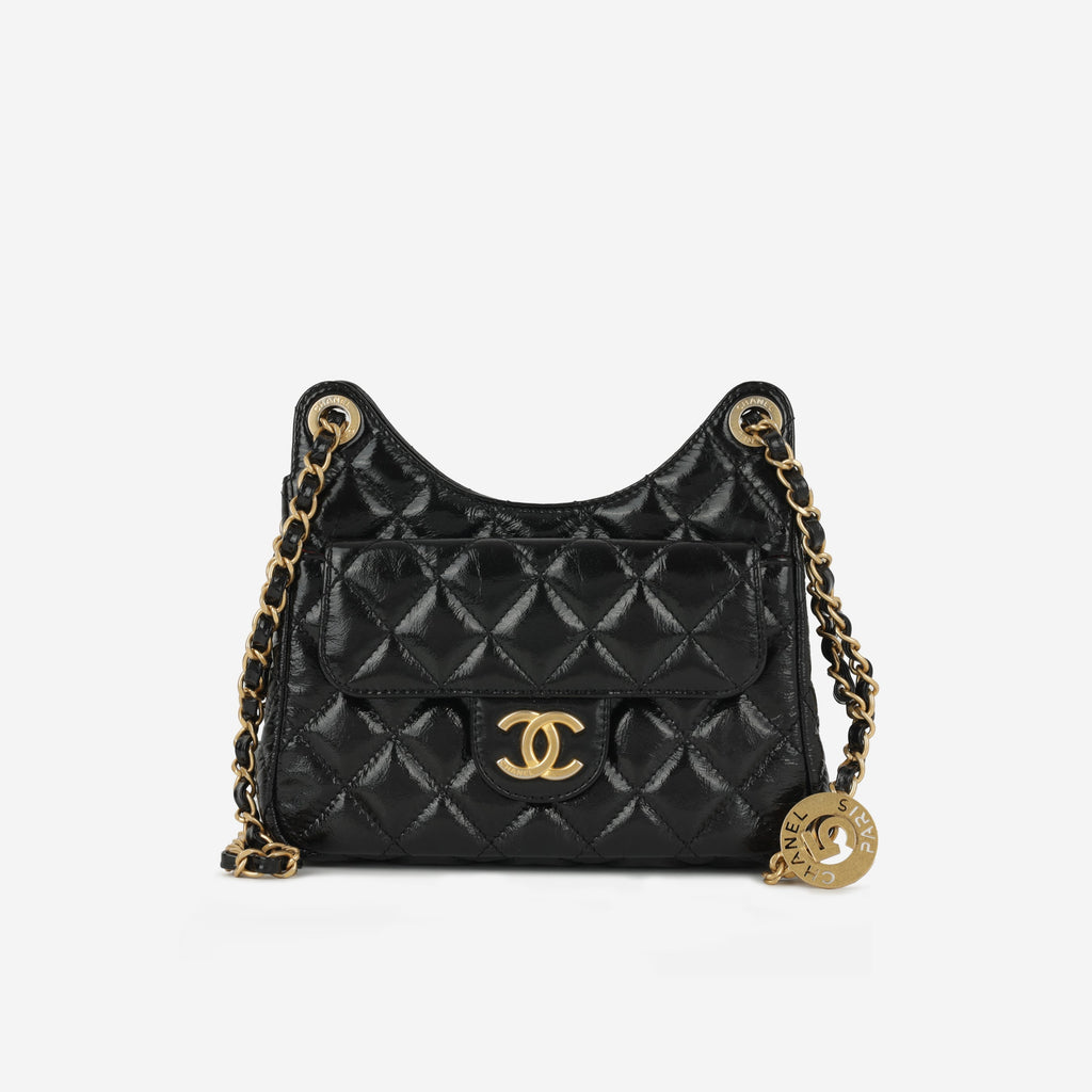 Chanel Small Hobo Bag - Black Shiny Crumpled Calfskin | Gold Hardware