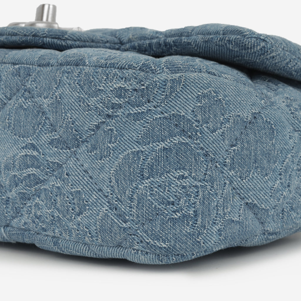 Chanel Square Camellia Heart Crush - Blue Embroidered Denim | Silver Hardware