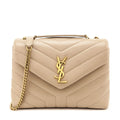 Saint Laurent Beige Calfskin Y Quilted Monogram Small Loulou Chain Satchel