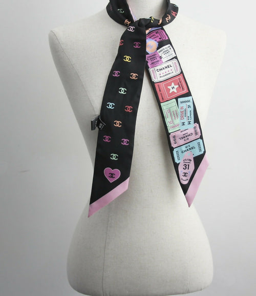 CHANEL 100% Slim Silk Scarf Bandeau Twilly CC Mark Scarf in Multicolour