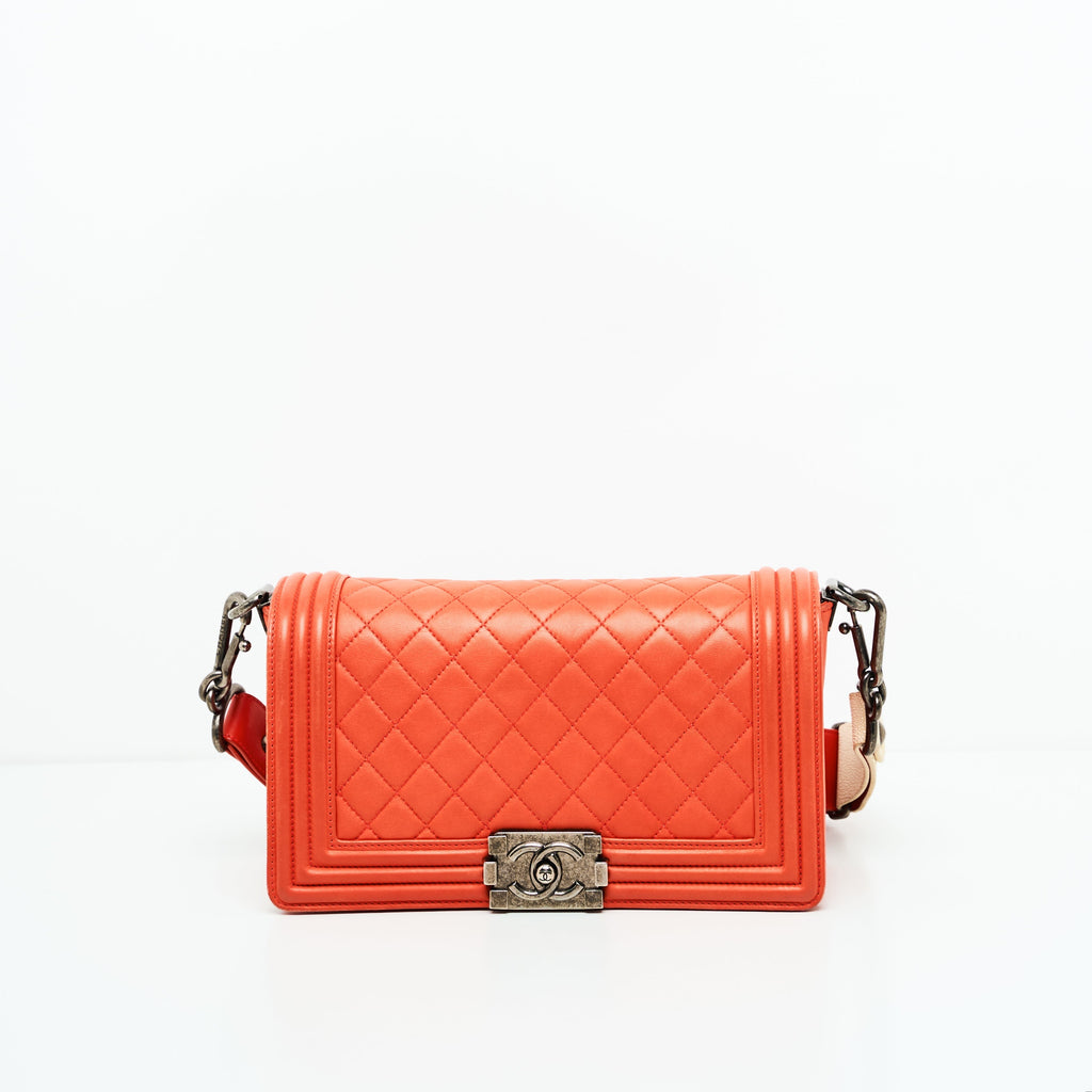 Chanel Boy Lambskin with Adjustable Strap in Orange