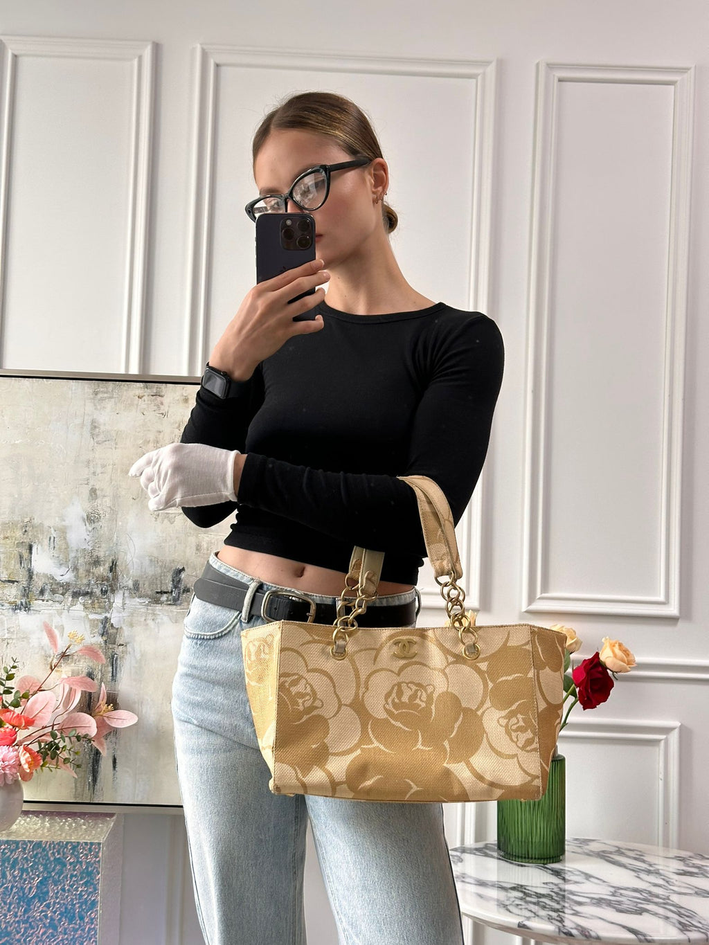 Chanel Raffia Camellia Small Tote Bag Beige