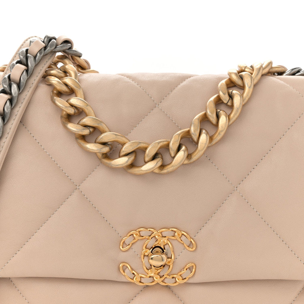 Lambskin Quilted Large Chanel 19 Flap Dark Beige