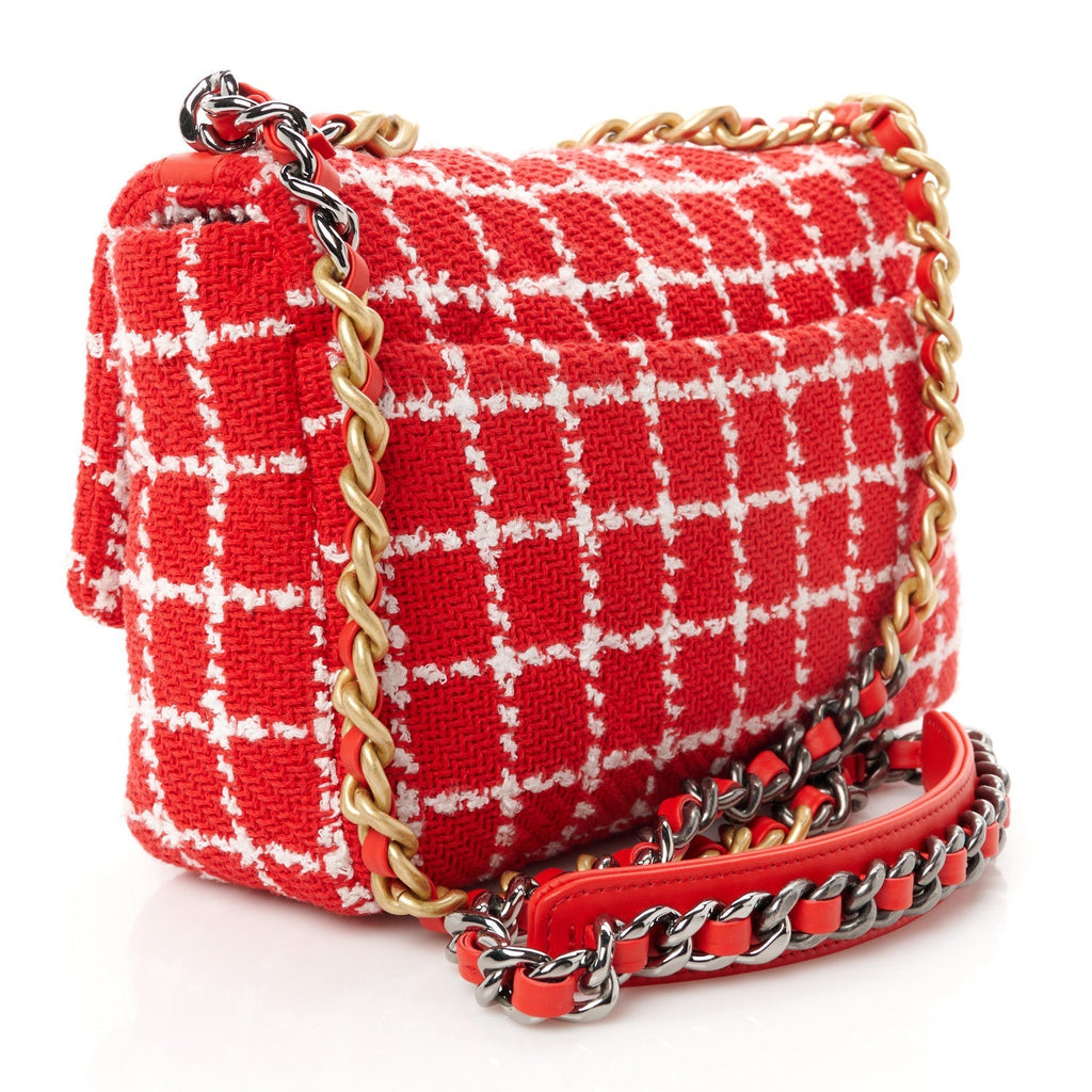 Tweed Quilted Medium Chanel 19 Flap Red White