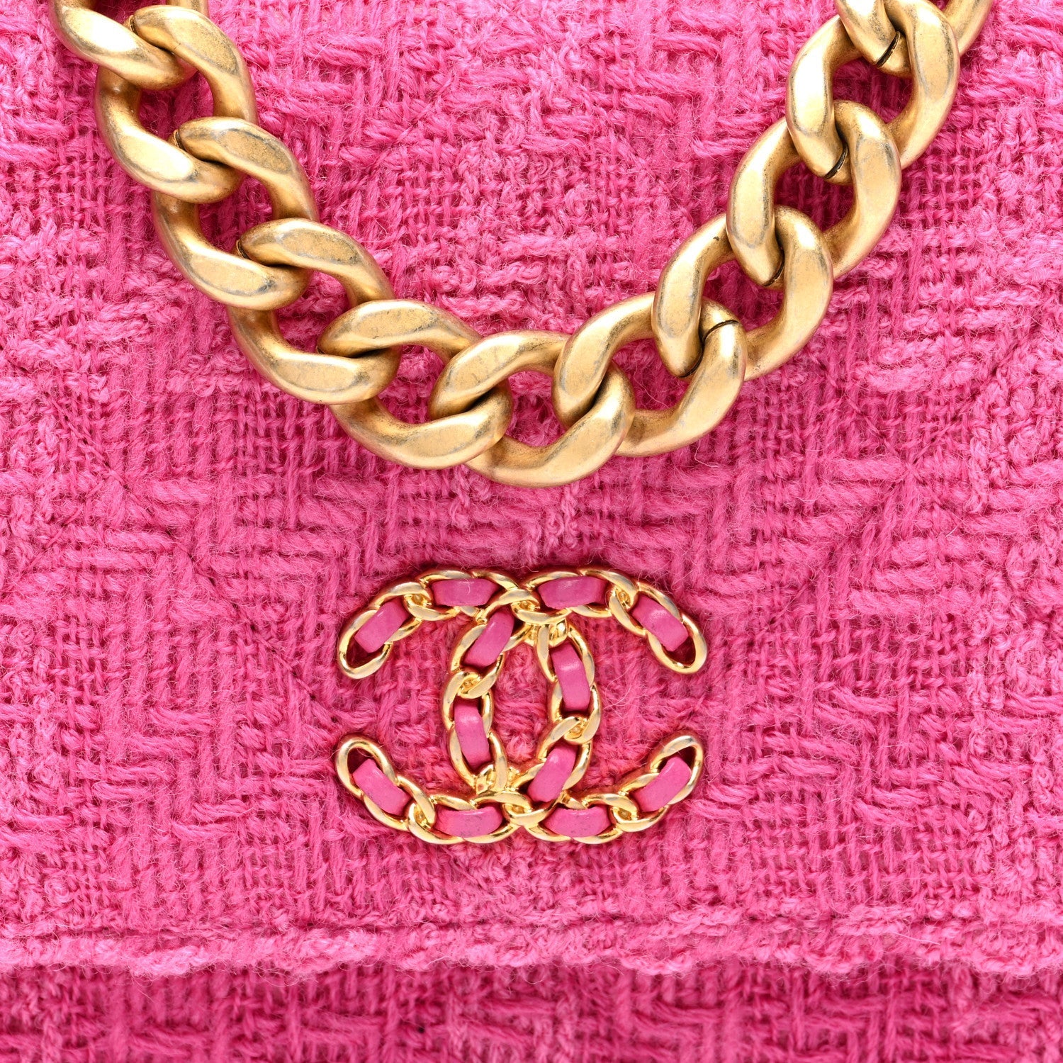 Wool Tweed Lambskin Quilted Chanel 19 Wallet On Chain WOC and Coin Purse  Fuchsia