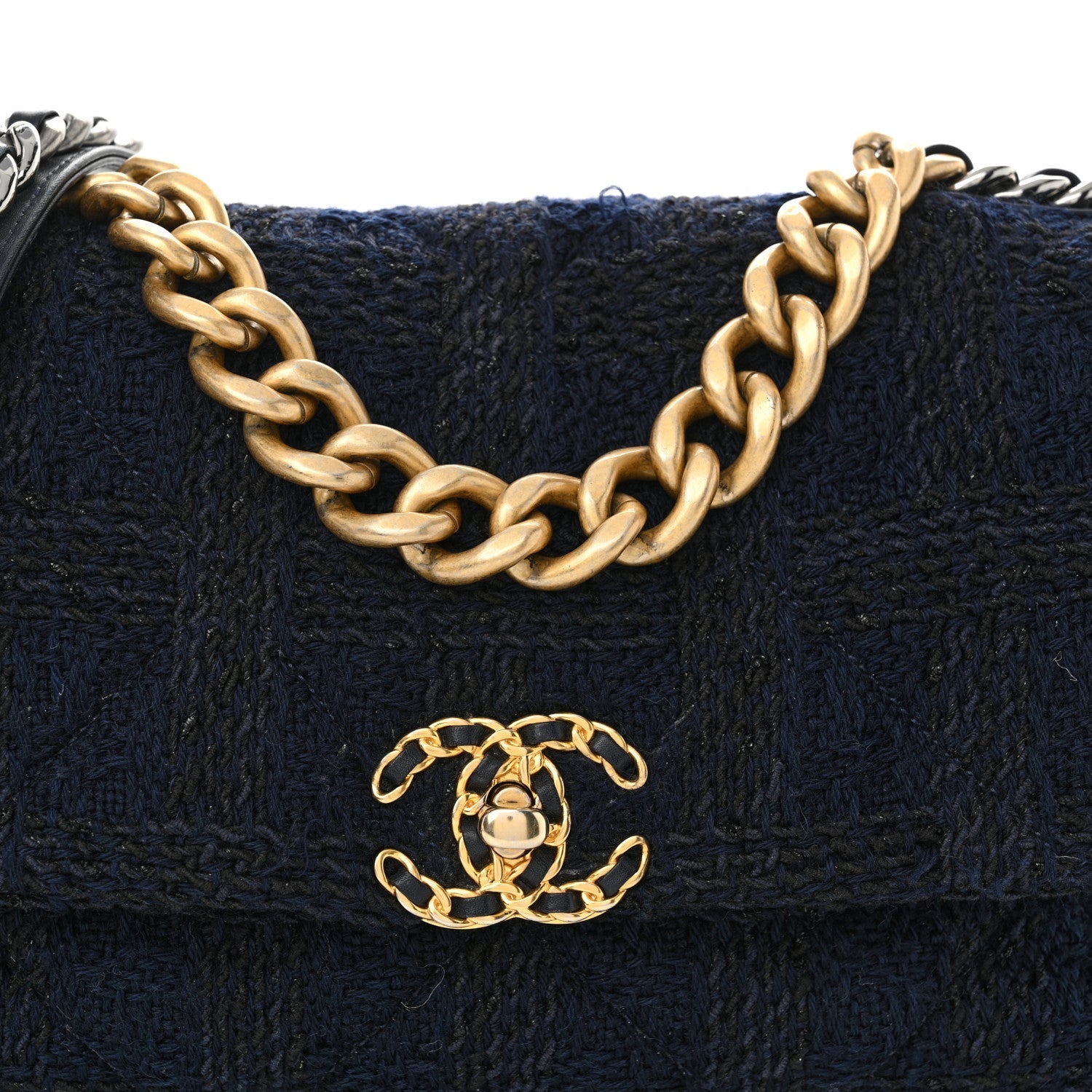 Tweed Quilted Large Chanel 19 Flap Navy Blue