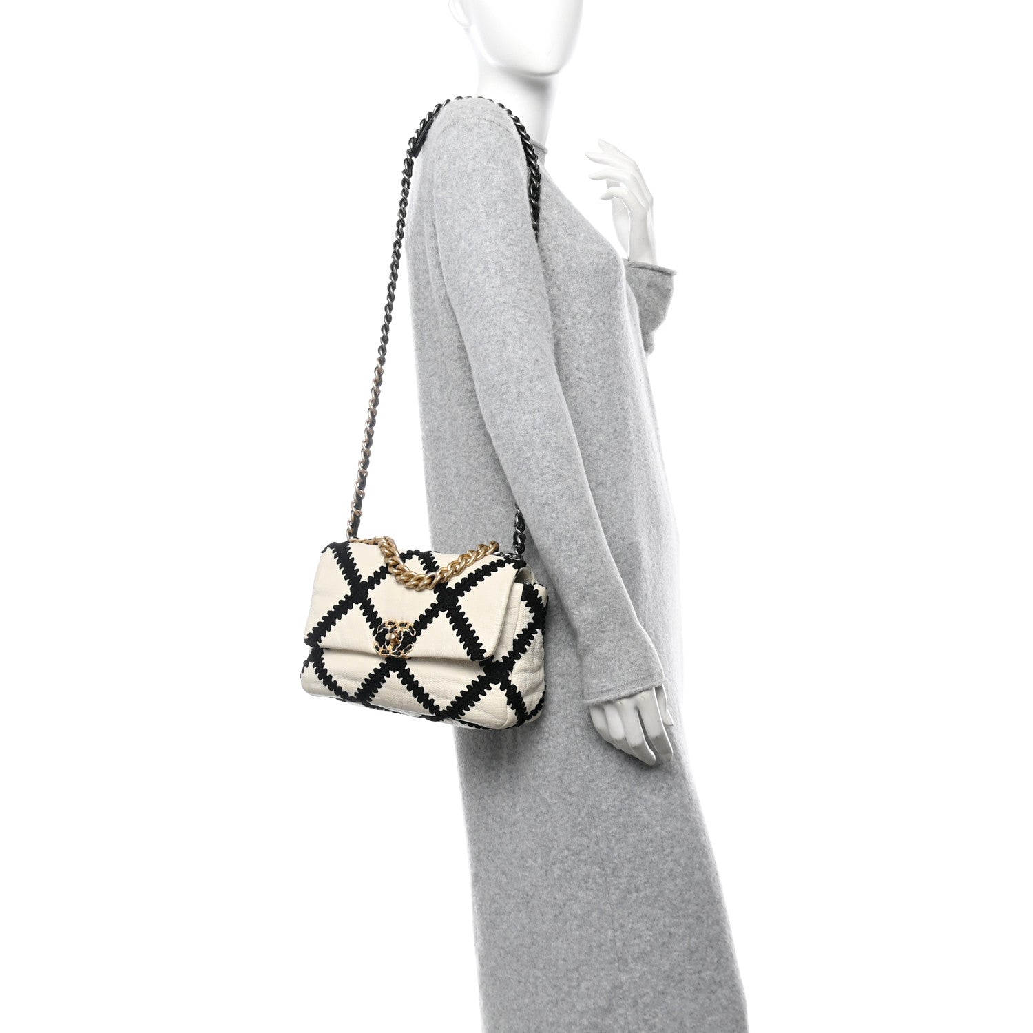 Calfskin Crochet Medium Chanel 19 Flap White Black