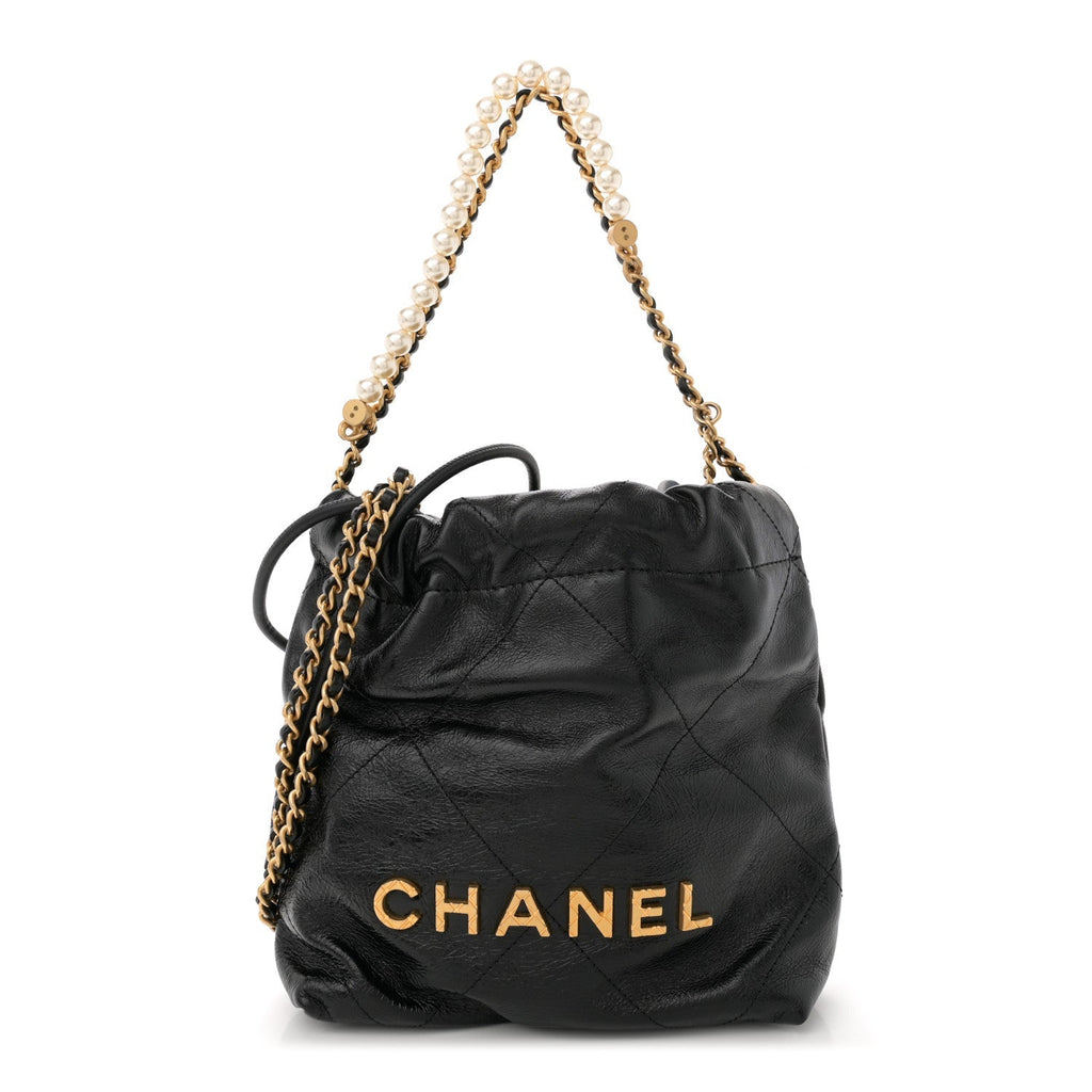 Shiny Crumpled Calfskin Quilted Pearl Mini Chanel 22 Black