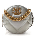Metallic Lambskin Quilted Chanel 19 Round Clutch With Chain Silver