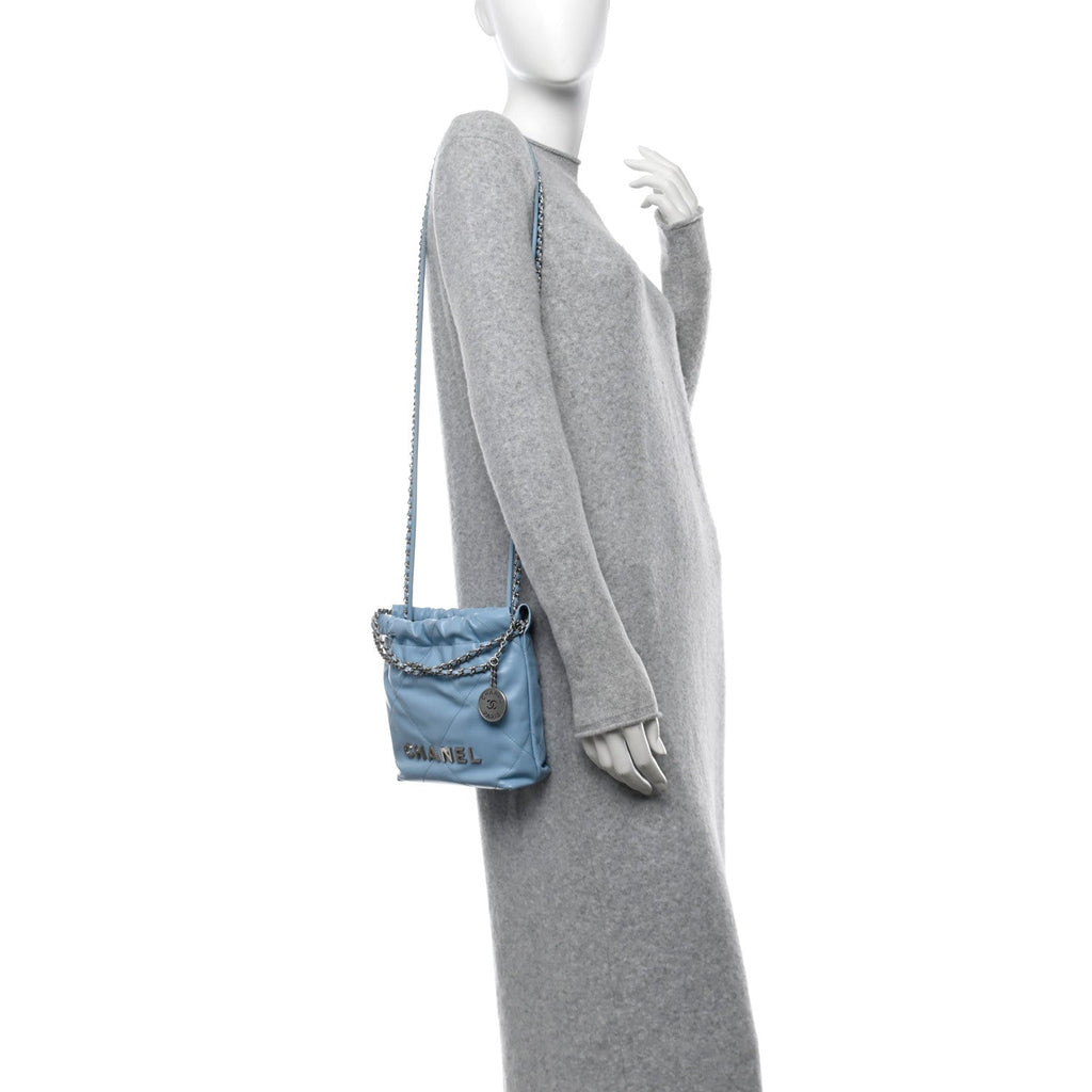 Shiny Calfskin Quilted Mini Chanel 22 Light Blue