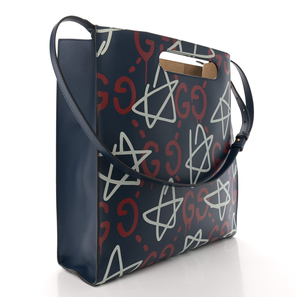 Calfskin GucciGhost Medium XL Tote Blue Agata Hibiscus Red