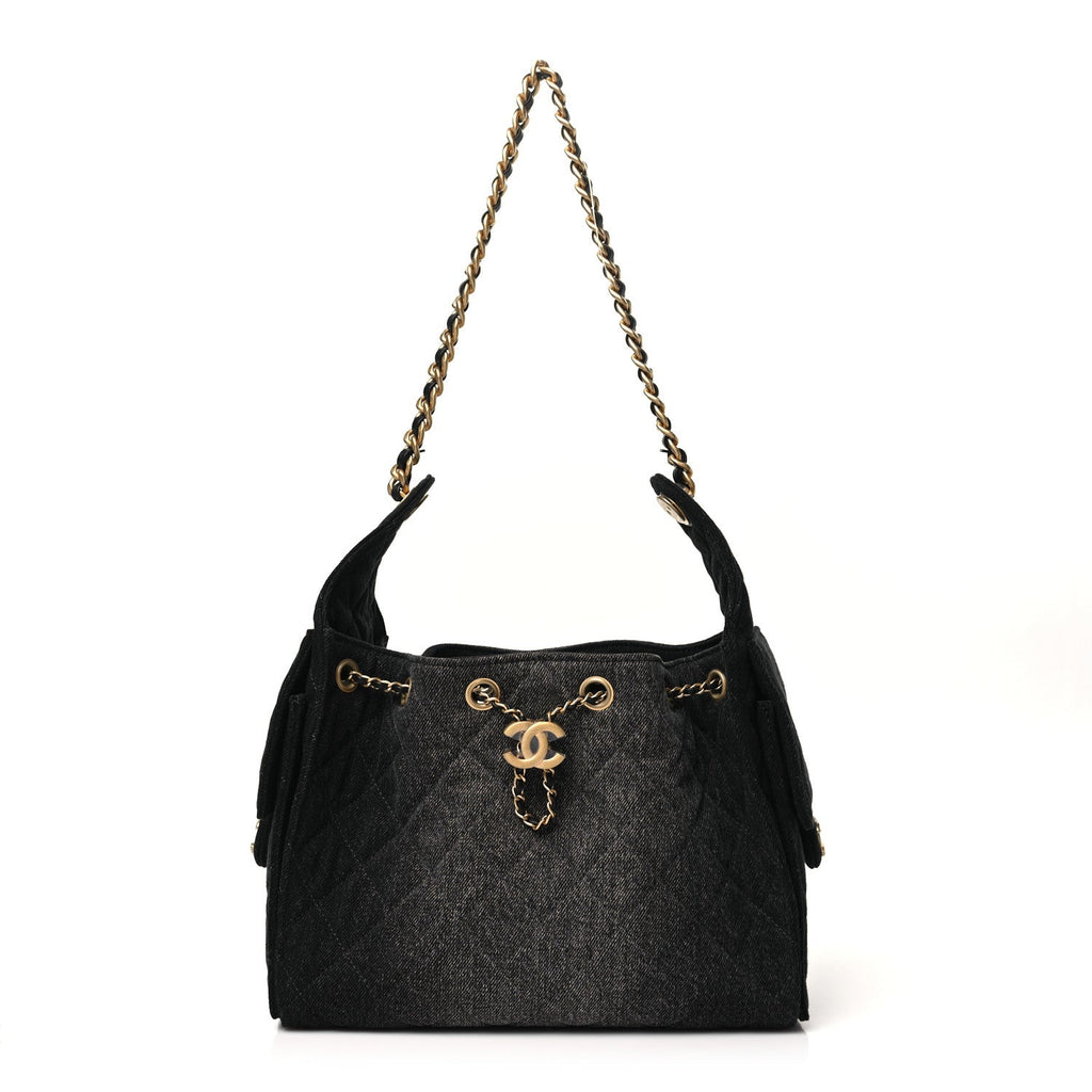 Washed Denim Quilted Small Chanel 25 Handbag Black