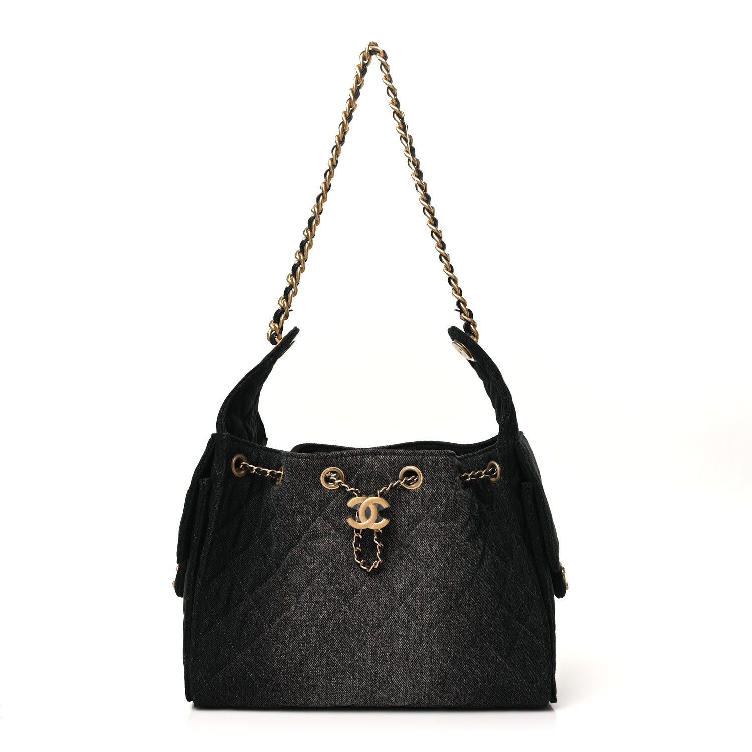 Washed Denim Quilted Small Chanel 25 Handbag Black