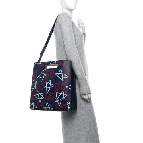 Calfskin GucciGhost Medium XL Tote Blue Agata Hibiscus Red