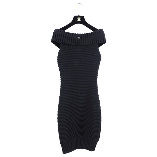 Chanel 09P Black Off Shoulder Rib Tube Dress with Removable Sleeves - FR36