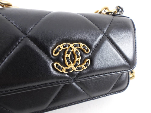 Chanel 19 Black Leather Lambskin Quilted Flap Phone Holder