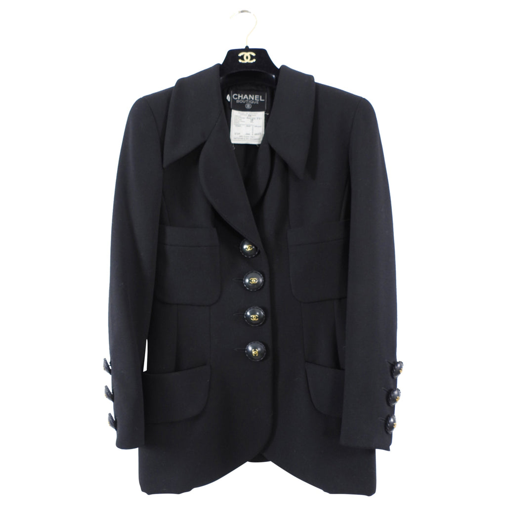 Chanel Vintage 1980's Black Wool Blazer with Large CC Leather Buttons - FR38 / S