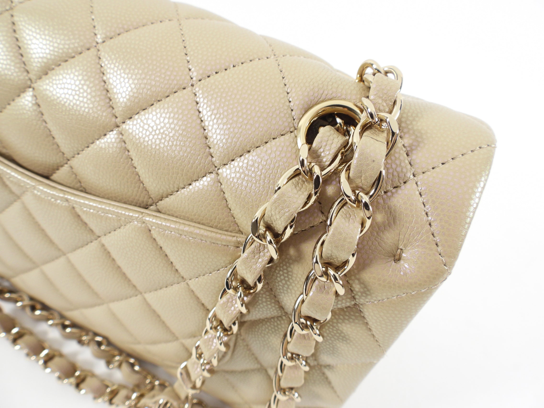 Chanel 21S Beige Iridescent Classic Medium Double Flap Caviar GHW