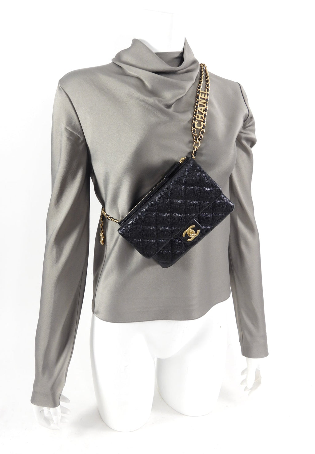 Chanel 22S Black Caviar Gold Logo Chain Belt Bag