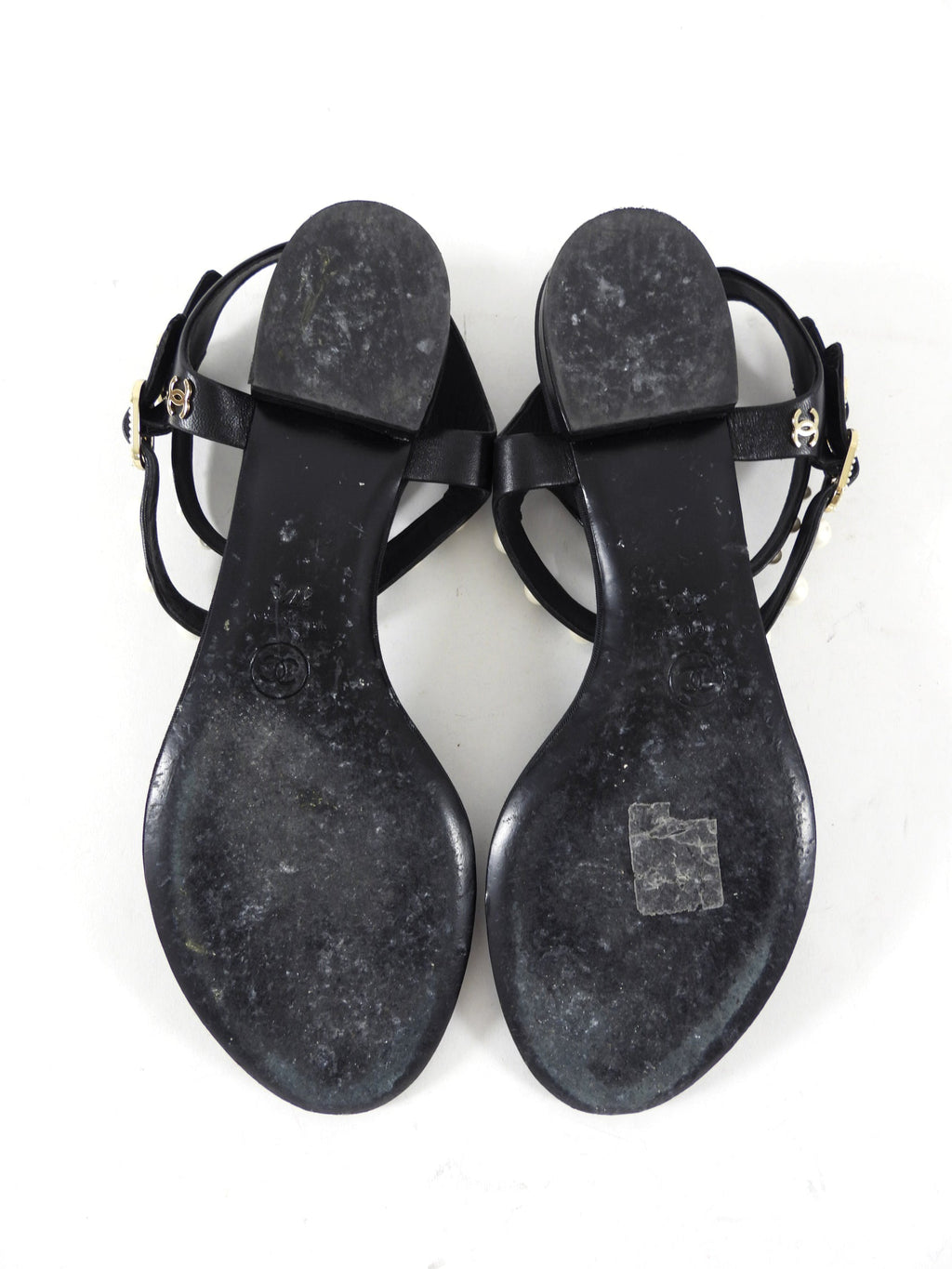 Chanel SS16 Black Grosgrain Faux Pearl Thong Flat Sandal - 37.5