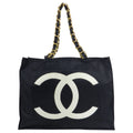 Chanel Vintage 1991 Black Nylon CC Logo Tote Bag with Gold Chain Straps