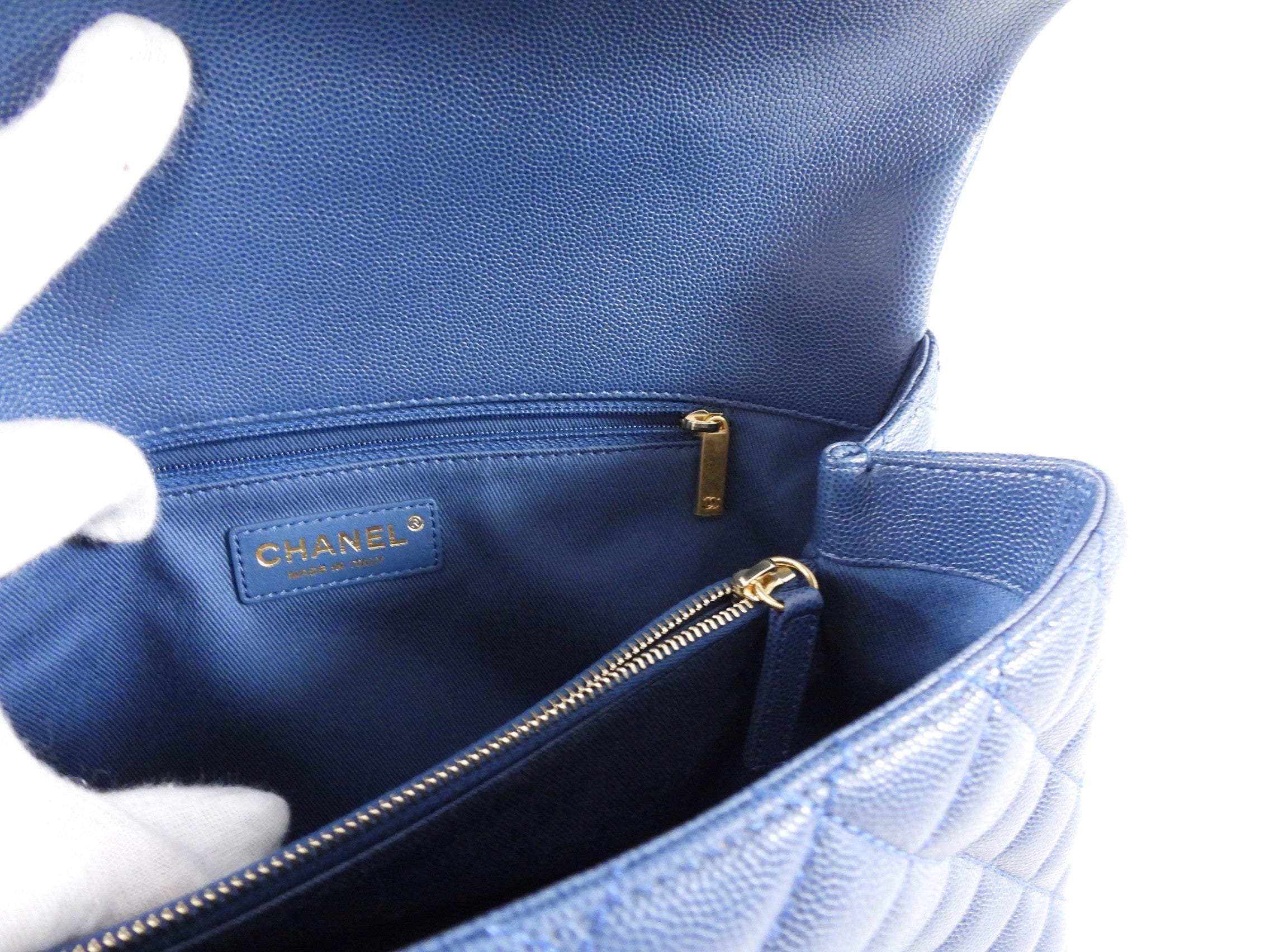 Chanel Large Blue Caviar Leather Coco Top Handle Bag GHW
