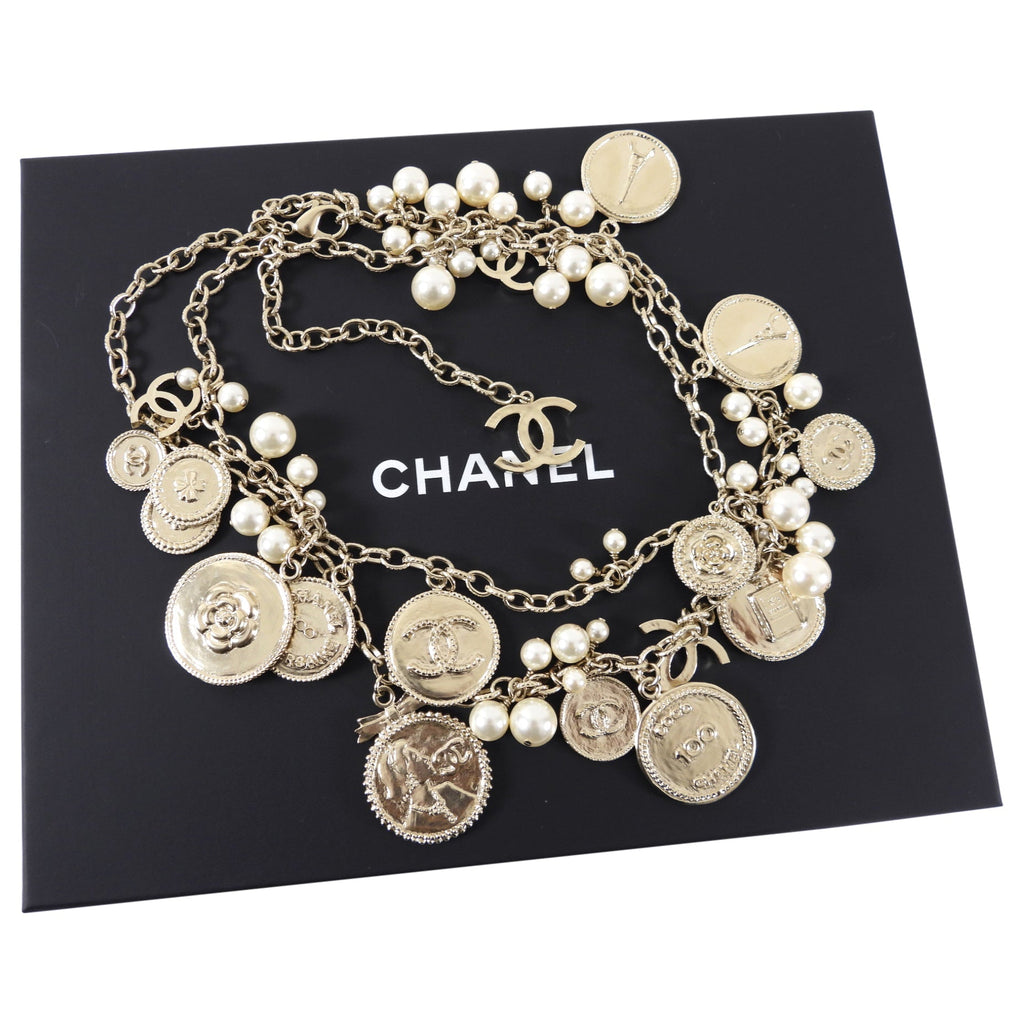 Chanel 14P 100th Anniversary Gold Coin Pearl Long Necklace