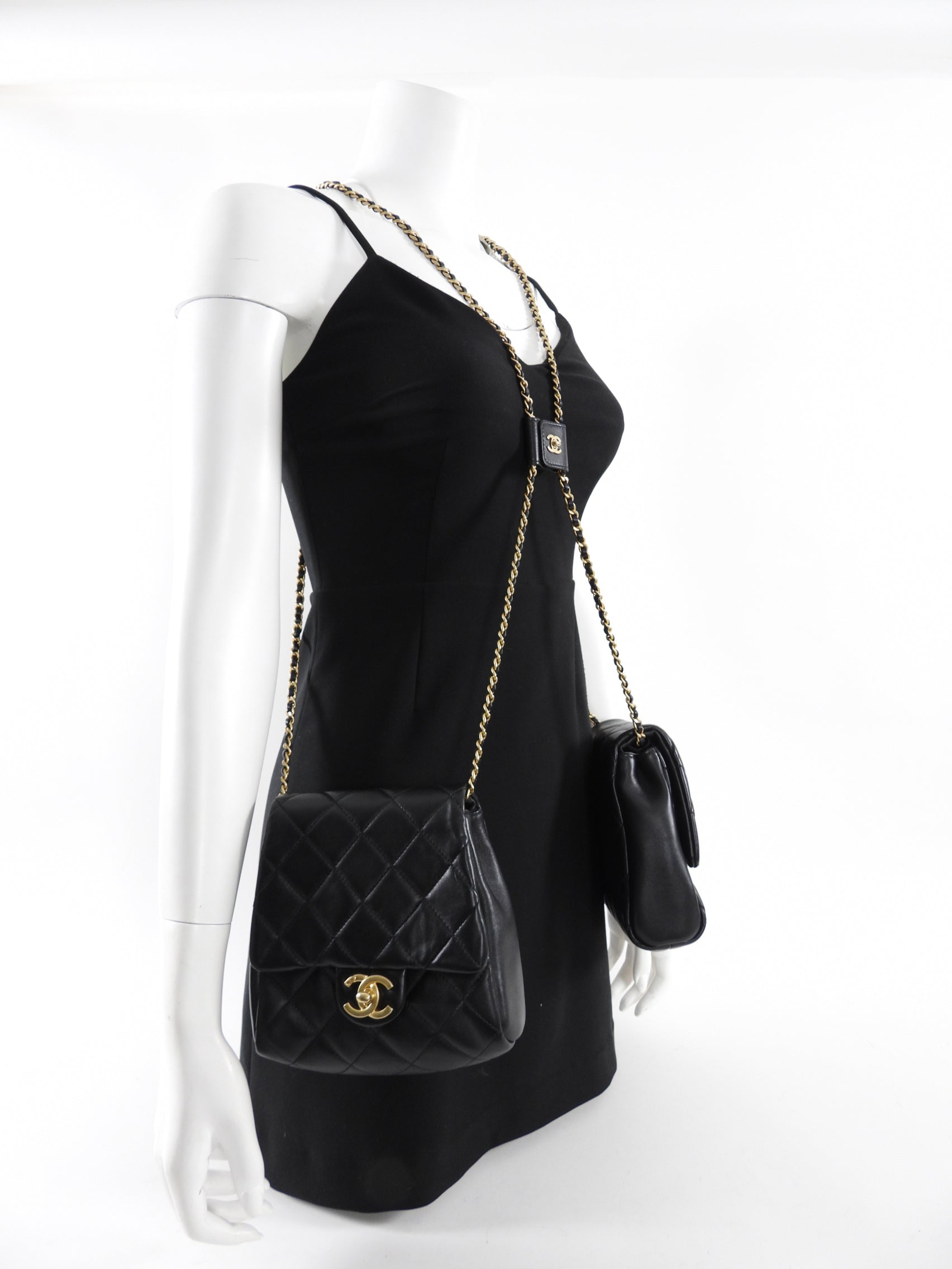 Chanel 19S Runway Black Quilted Lambskin Flap Double Side Pack Bags