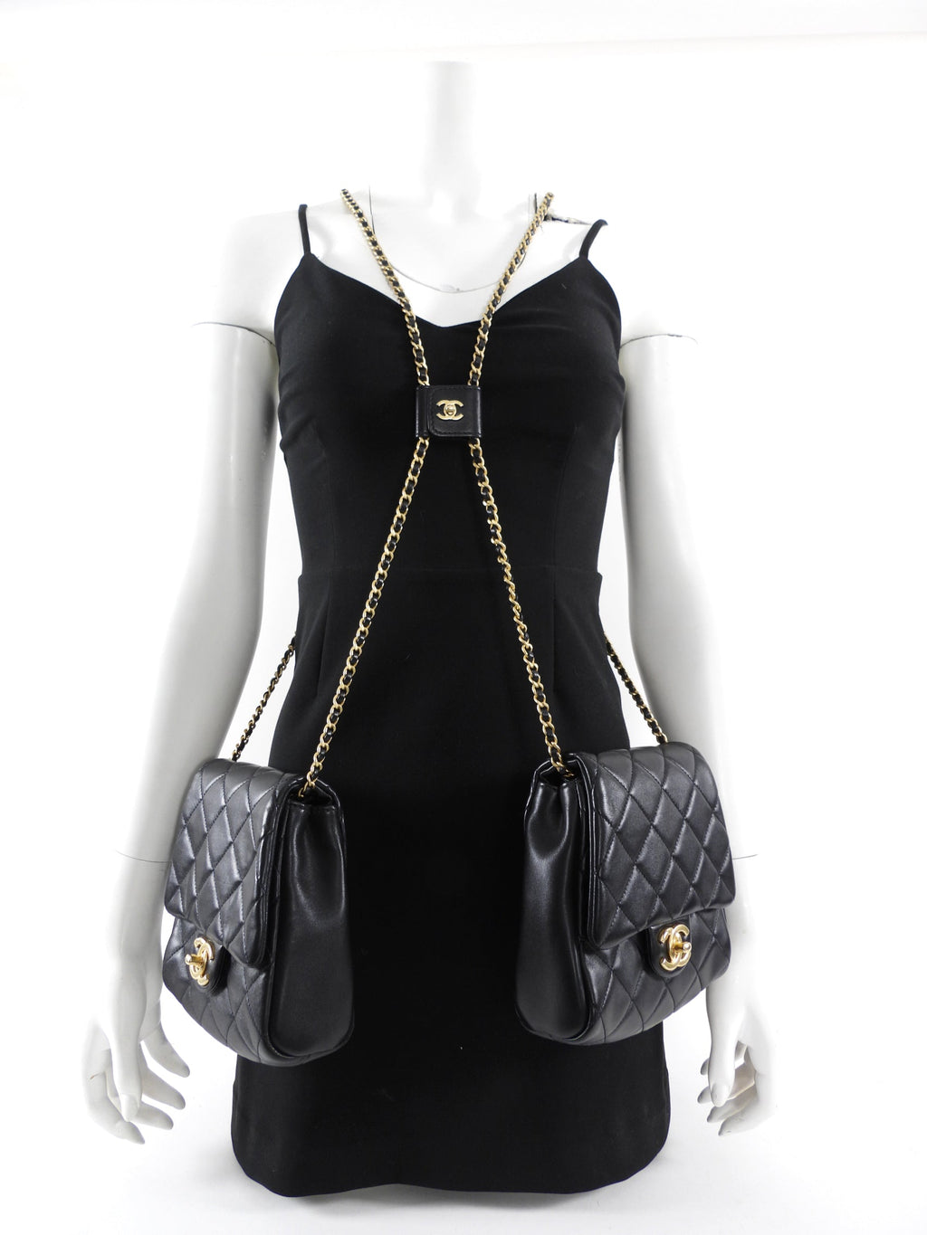 Chanel 19S Runway Black Quilted Lambskin Flap Double Side Pack Bags