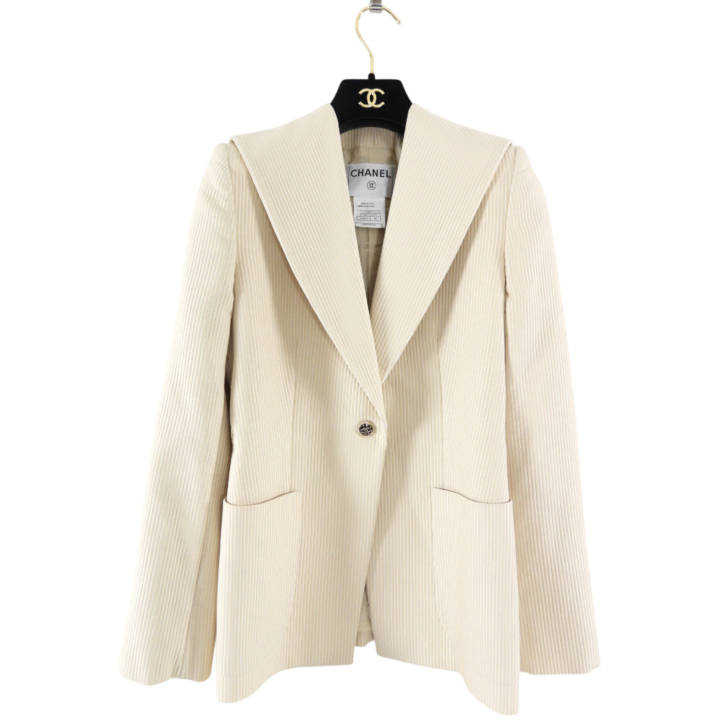 Chanel 01P Vintage Corduroy Textured Ivory Blazer with Black Buttons - S (4/6)