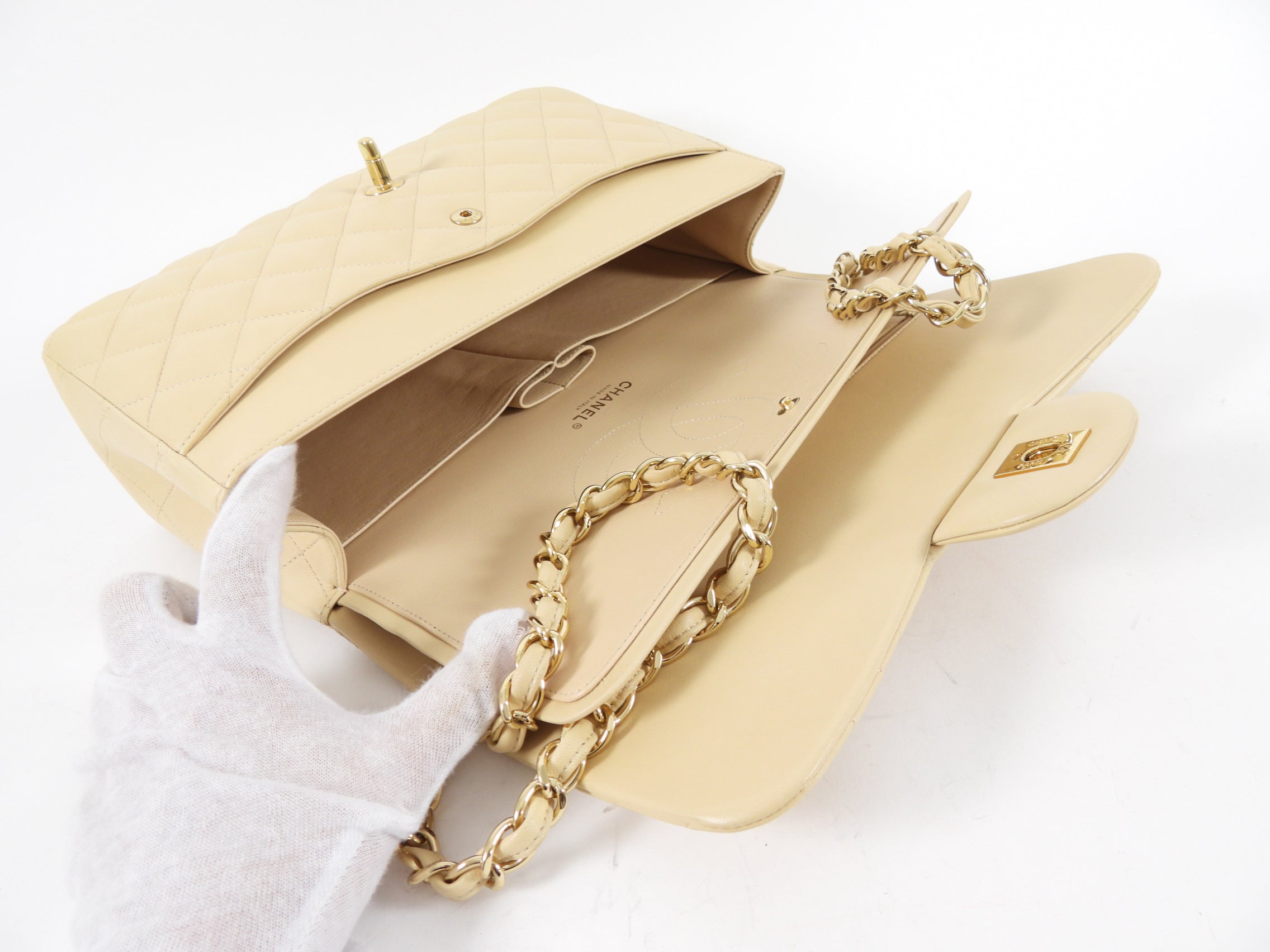 Chanel Beige Lambskin Jumbo Classic Double Flap Bag GHW